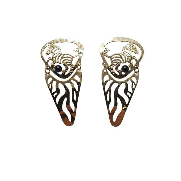 Gold Tone Wild Bryde Dangle Post Earrings With Black Onyx Accents Zebra Design - Picture 1 of 5